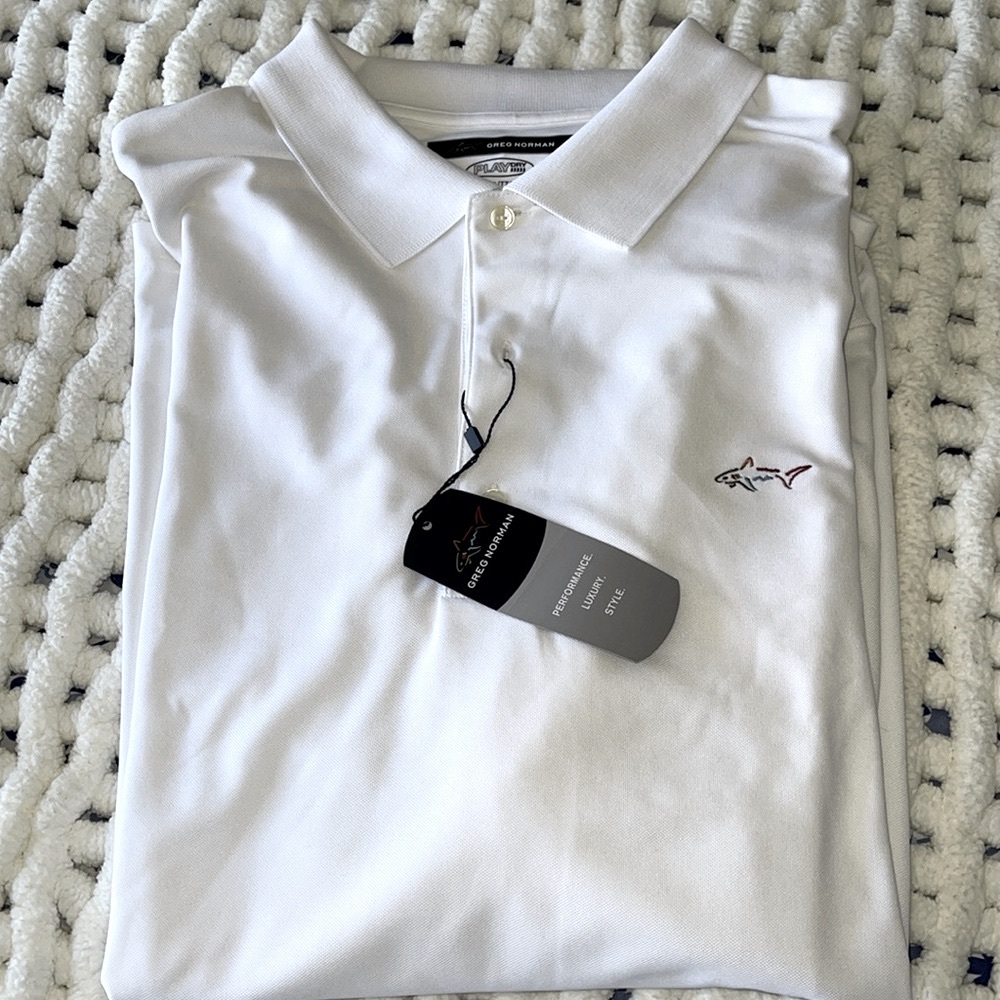Greg Norman men’s play Dry polo shirt. Size XXL/TTG. White,embroidered logo. NWT
